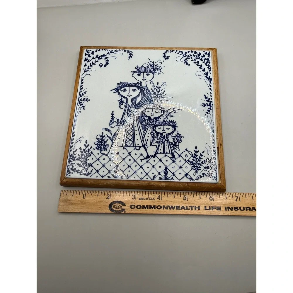 Vintage Bjorn Wiinblad Ceramic Trivet Blue White Danish Modern Wood Frame 6x6